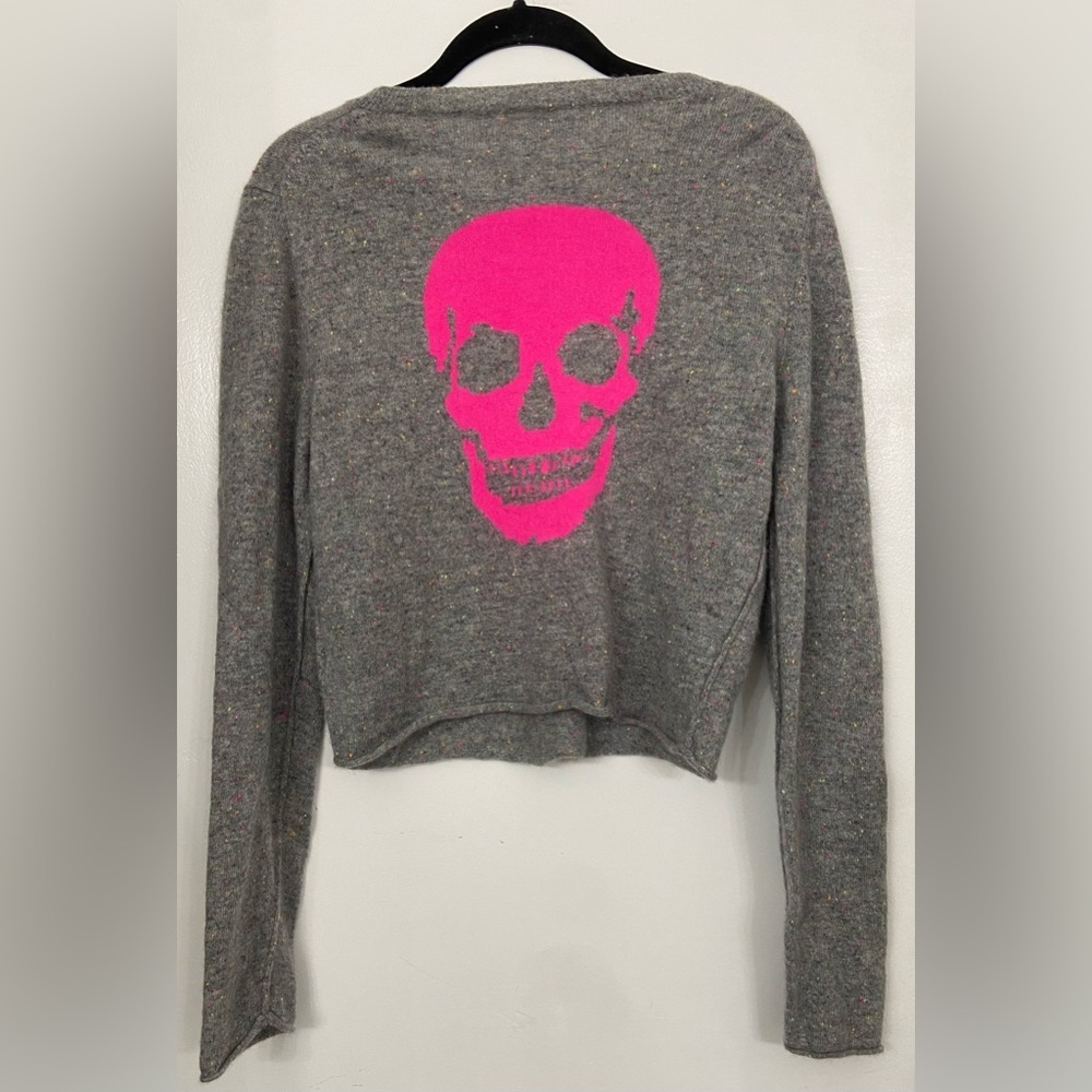 Skull Cashmere Gray Sweater with Pink Skull - Picture 2 of 7